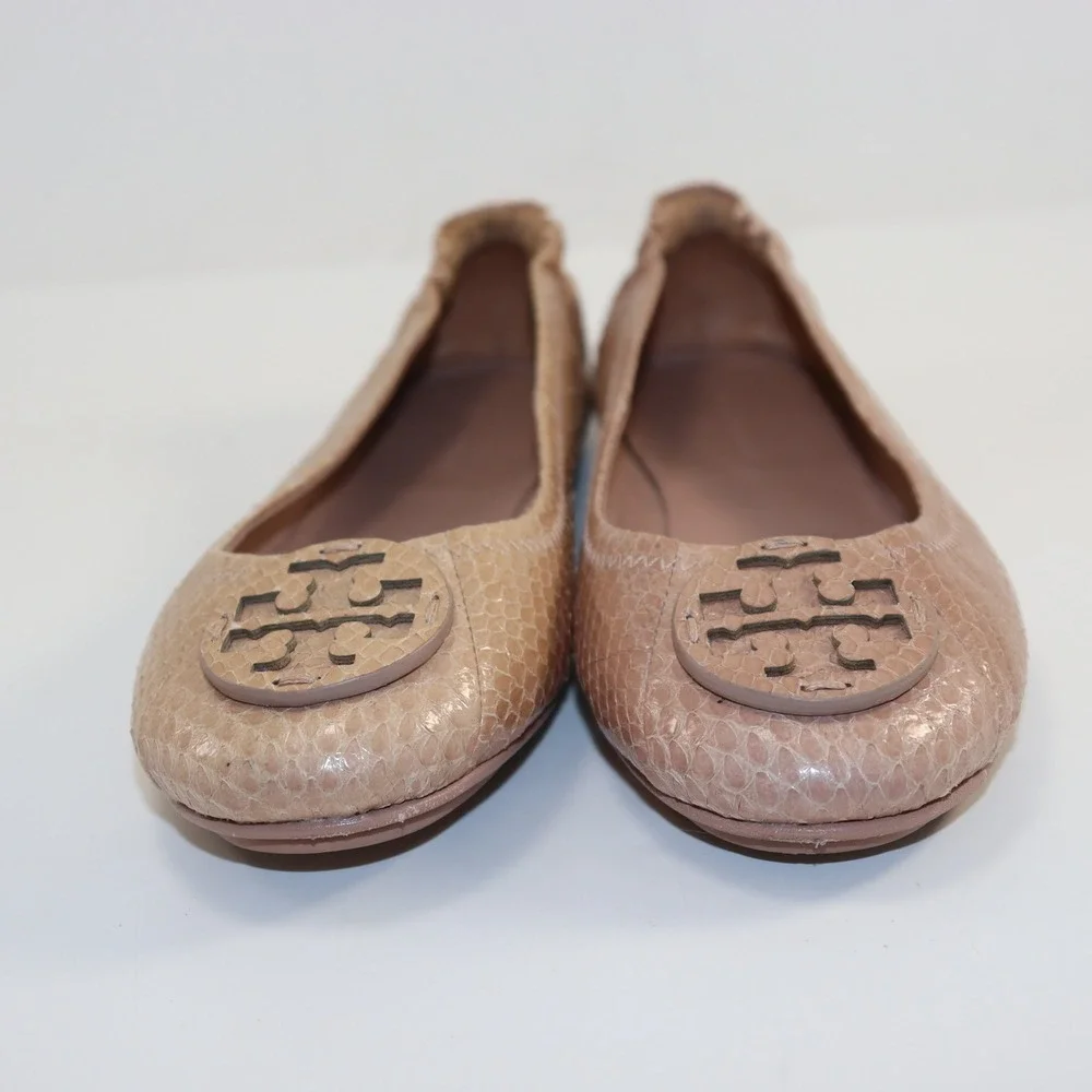 Tory Burch Minnie Ballet Flats Womens 6.5 Blush Pink Snakeskin‎ Embossed Leather